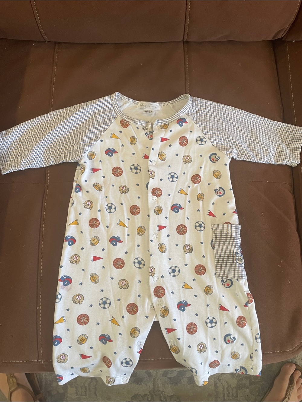 Kissy Kissy White Sports-Print with Gingham Sleeves